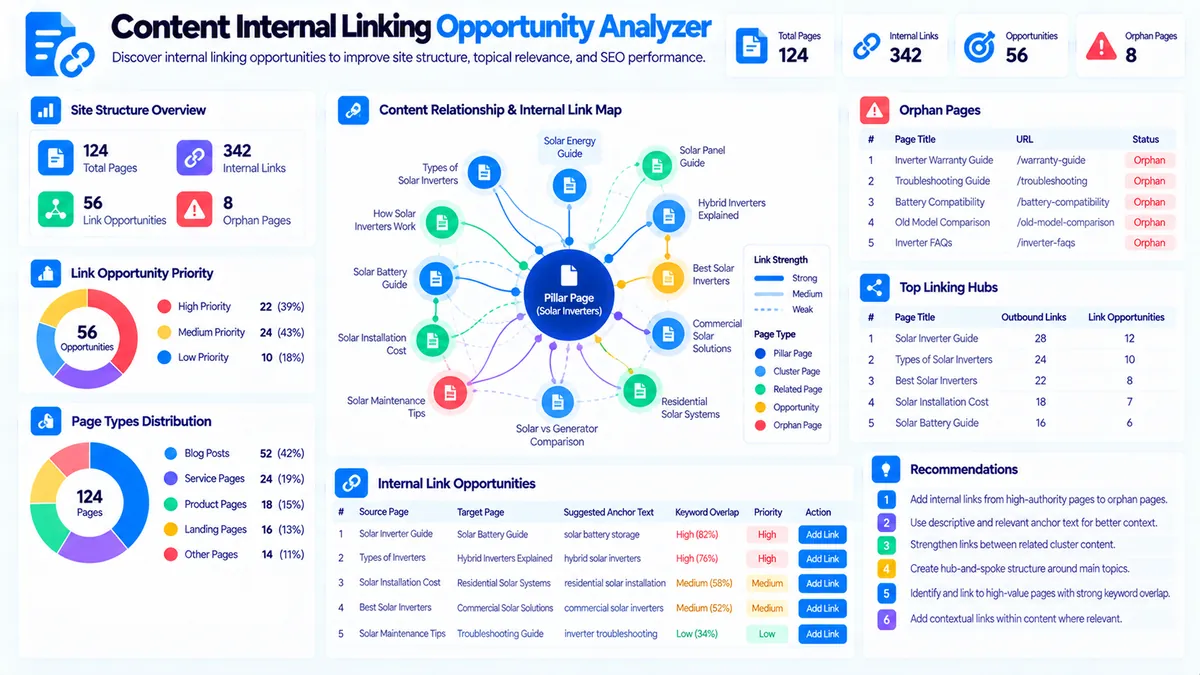 Content Internal Linking Opportunity Analyzer showing source pages, target pages, and link opportunities