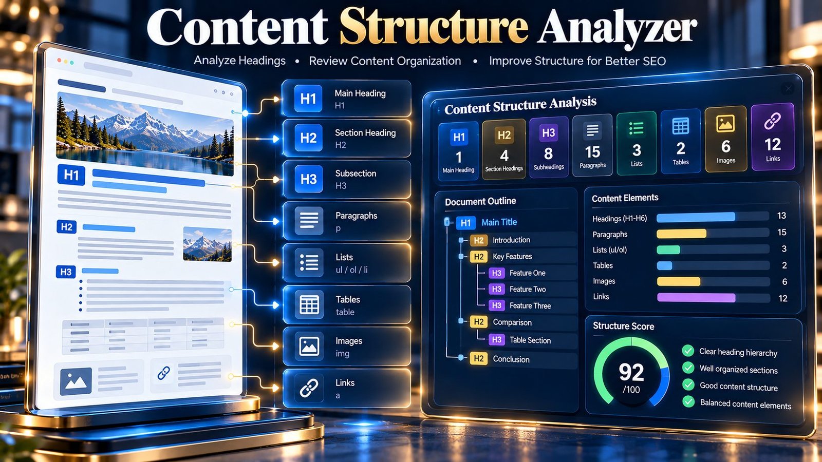 Content Structure Analyzer for analyzing headings, hierarchy, paragraphs and webpage content structure