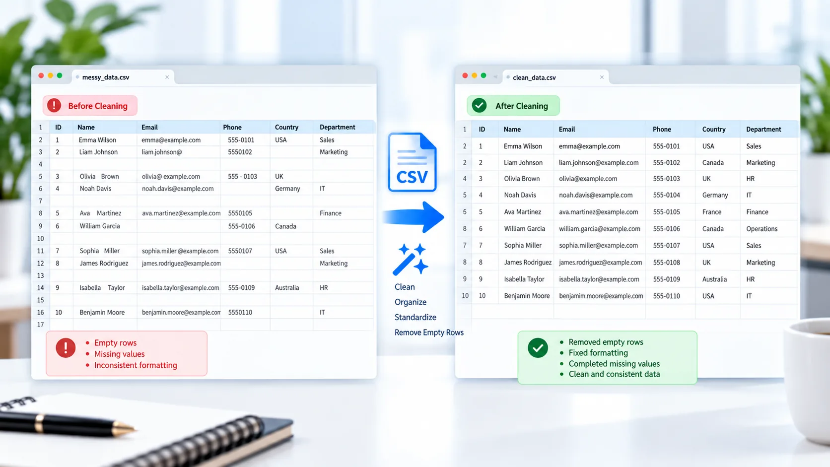 CSV cleaner online tool removing empty rows and cleaning CSV data