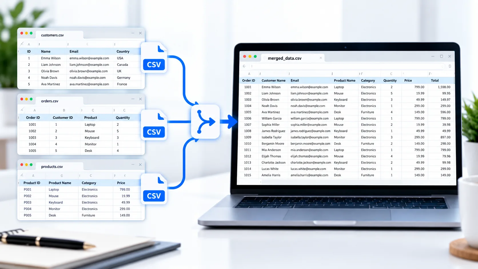 CSV merger online tool combining multiple CSV files into one dataset
