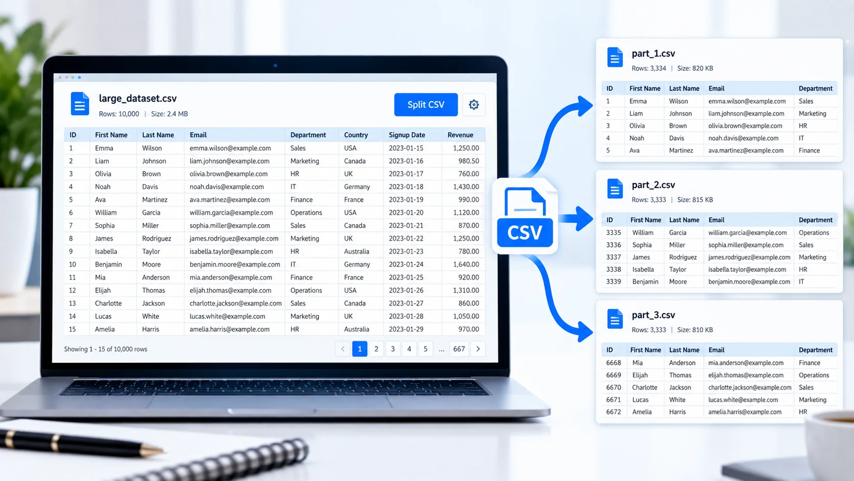 CSV splitter online tool for splitting large CSV files into smaller files
