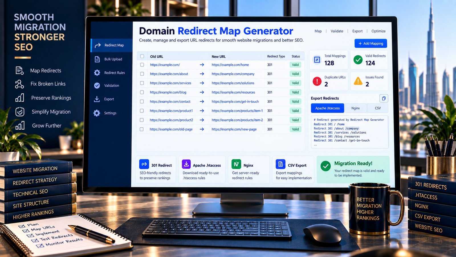 Domain Redirect Map Generator showing old and new URL redirect mappings