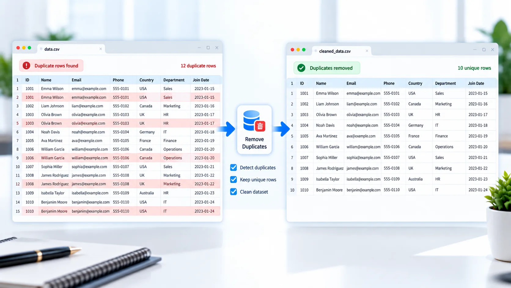 Duplicate row remover online tool cleaning repeated CSV records