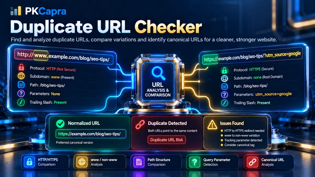 Duplicate URL Checker comparing URL structure, protocols, domains and query parameters