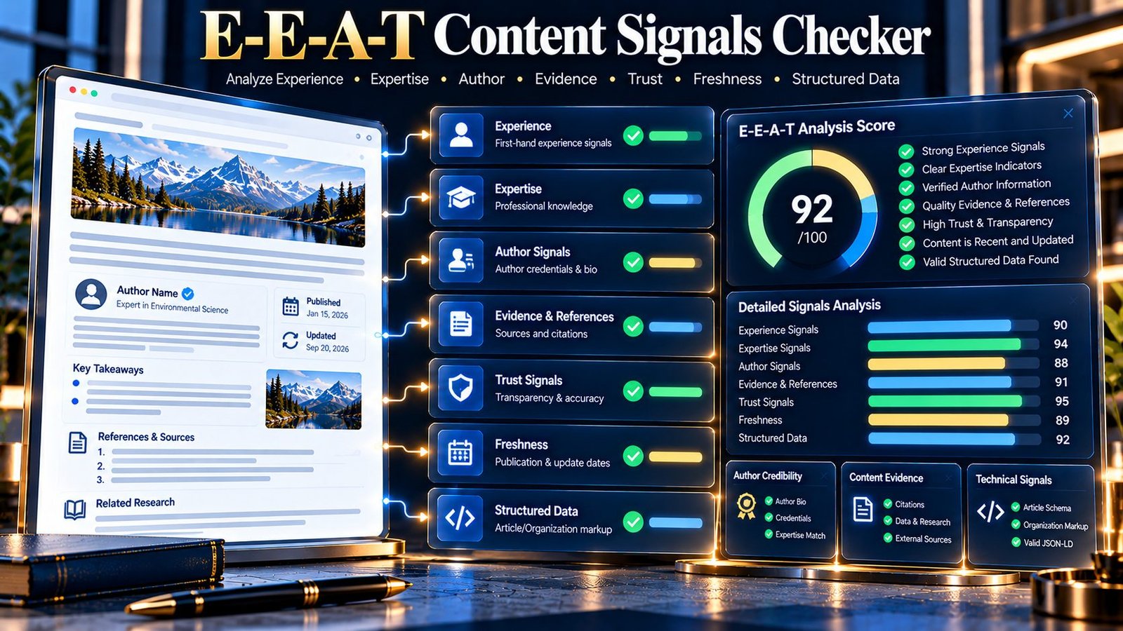 E-E-A-T Content Signals Checker analyzing experience expertise author evidence trust and structured data signals