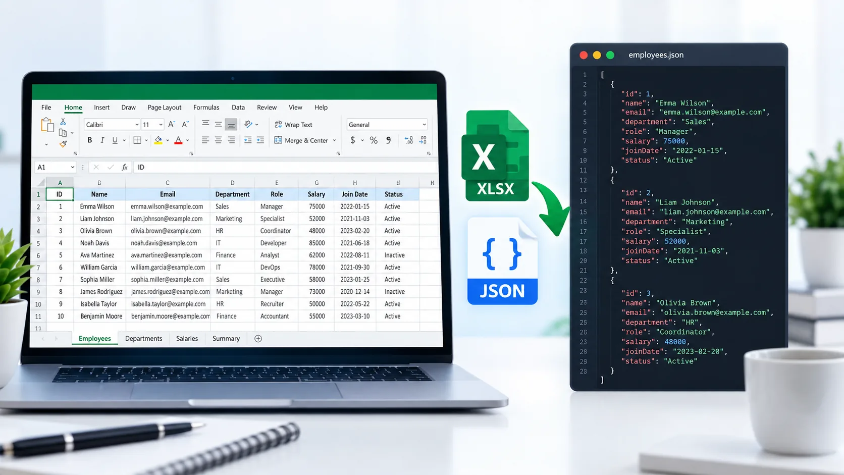 Excel to JSON Converter for converting XLSX spreadsheet data into JSON