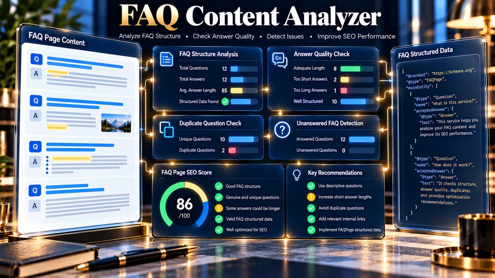 FAQ Content Analyzer checking questions, answers, duplicate FAQs, and FAQPage structured data