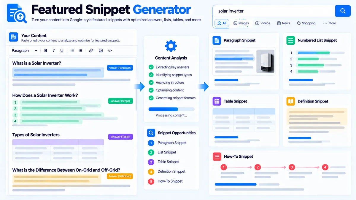 Featured Snippet Opportunity Finder analyzing paragraph list table definition and how-to content opportunities