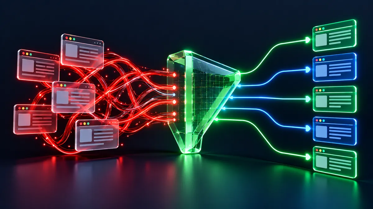 A tech illustration showing tangled red lines representing keyword cannibalization passing through a filtering funnel to become organized parallel data streams representing clean search intent grouping.
