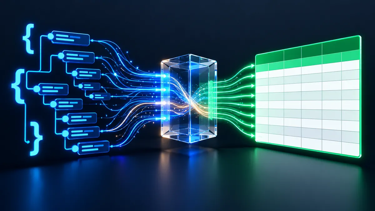 A 3D tech illustration showing multi-dimensional nested JSON data nodes transforming through a central processing hub into a flat green Excel spreadsheet grid matrix.