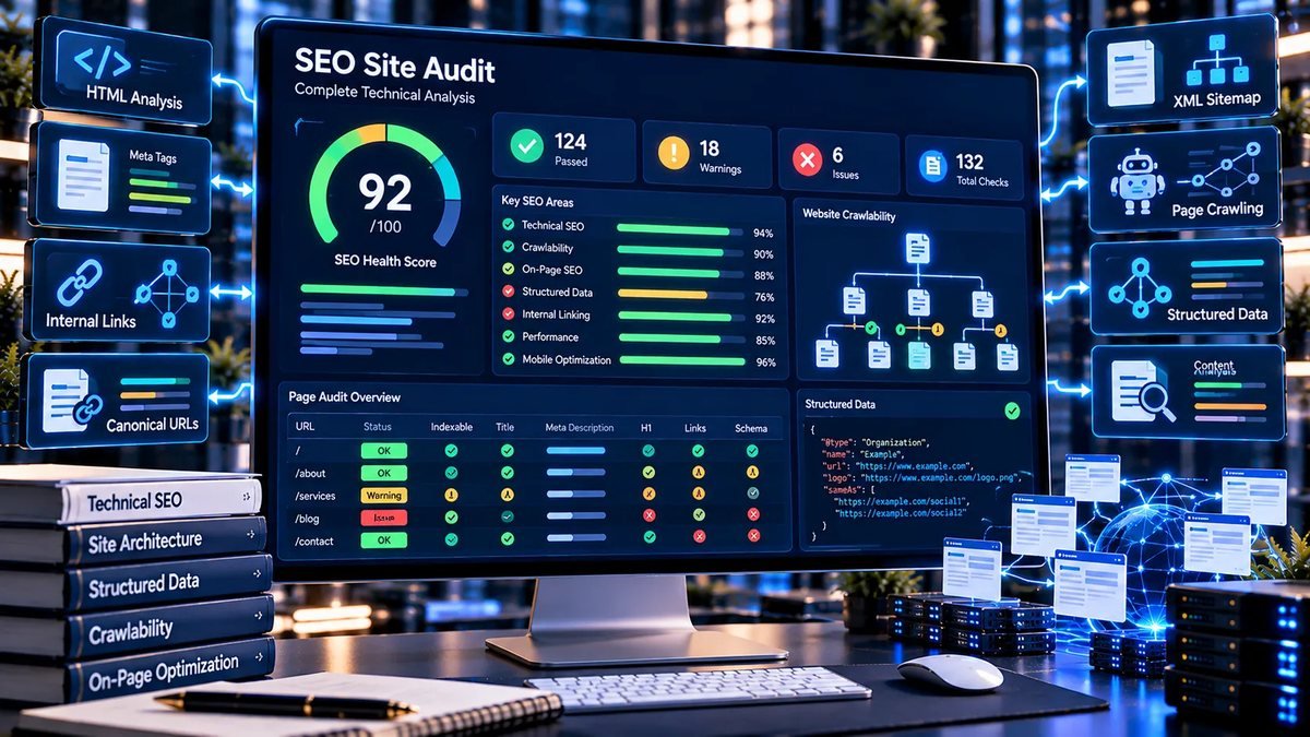 Full SEO Site Audit tool showing technical SEO, crawl, sitemap, metadata, and page-level website checks