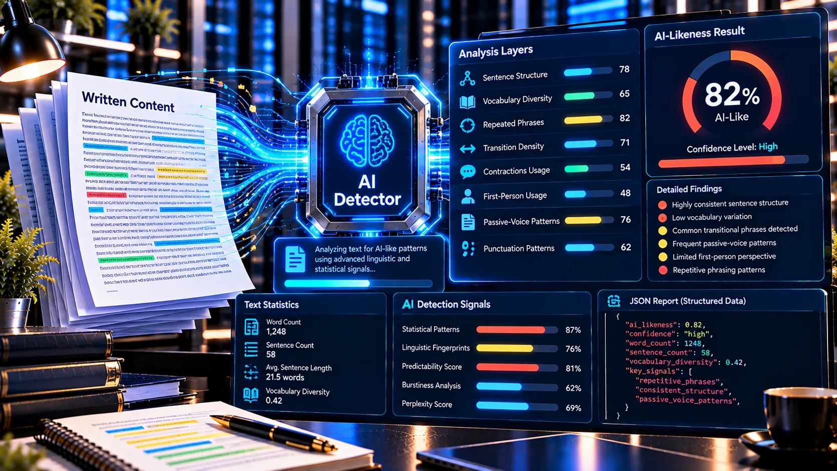 General AI Detector analyzing text for AI-like writing patterns and signals