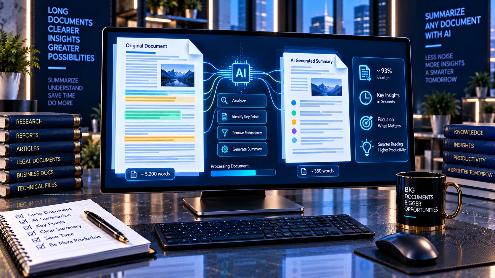 Generic AI Document Summarizer condensing a long document into key points