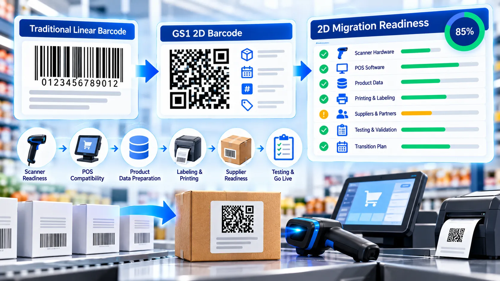 GS1 2D Migration Readiness Checker for scanner POS and barcode transition planning