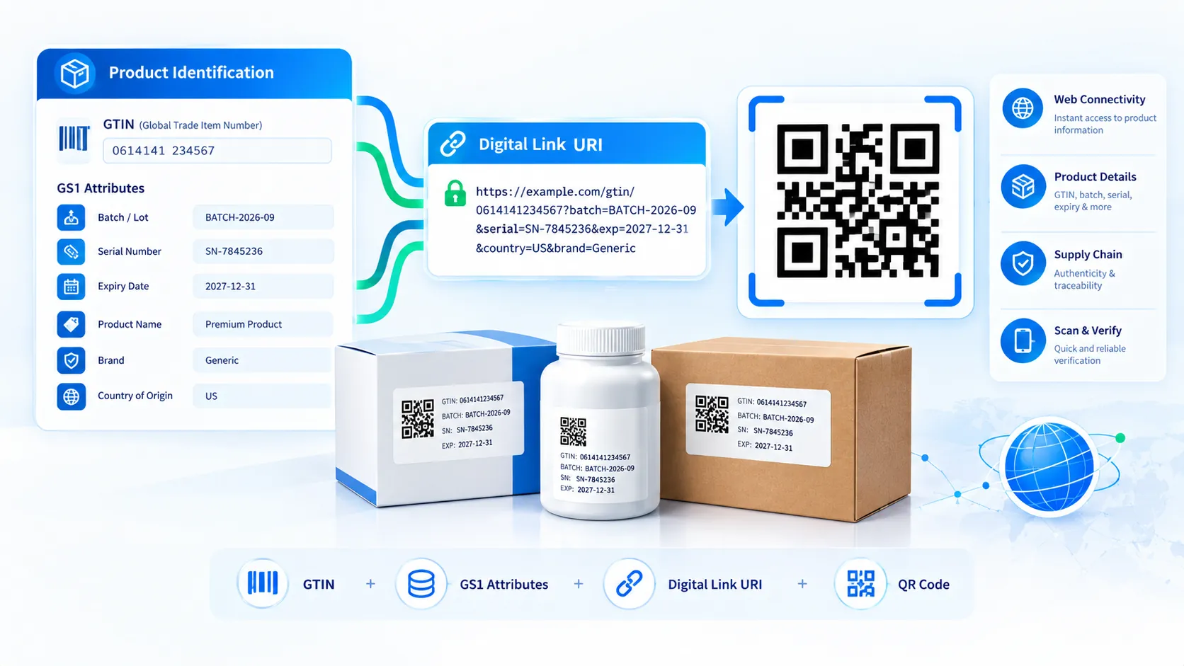 GS1 Digital Link QR Generator with GTIN and product identification data