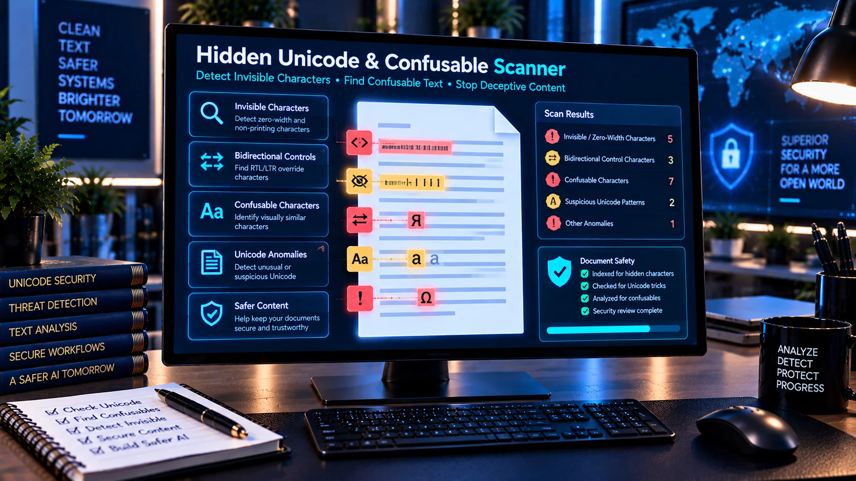 Hidden Unicode and confusable character scanner detecting invisible text characters