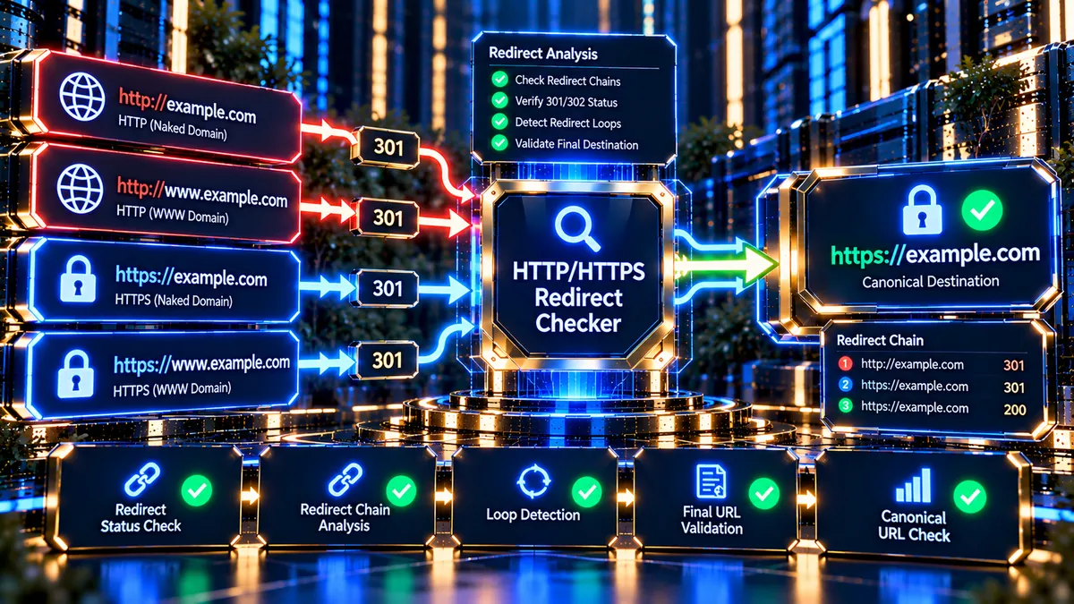 HTTP HTTPS Redirect Checker analyzing four URL variations and canonical destination