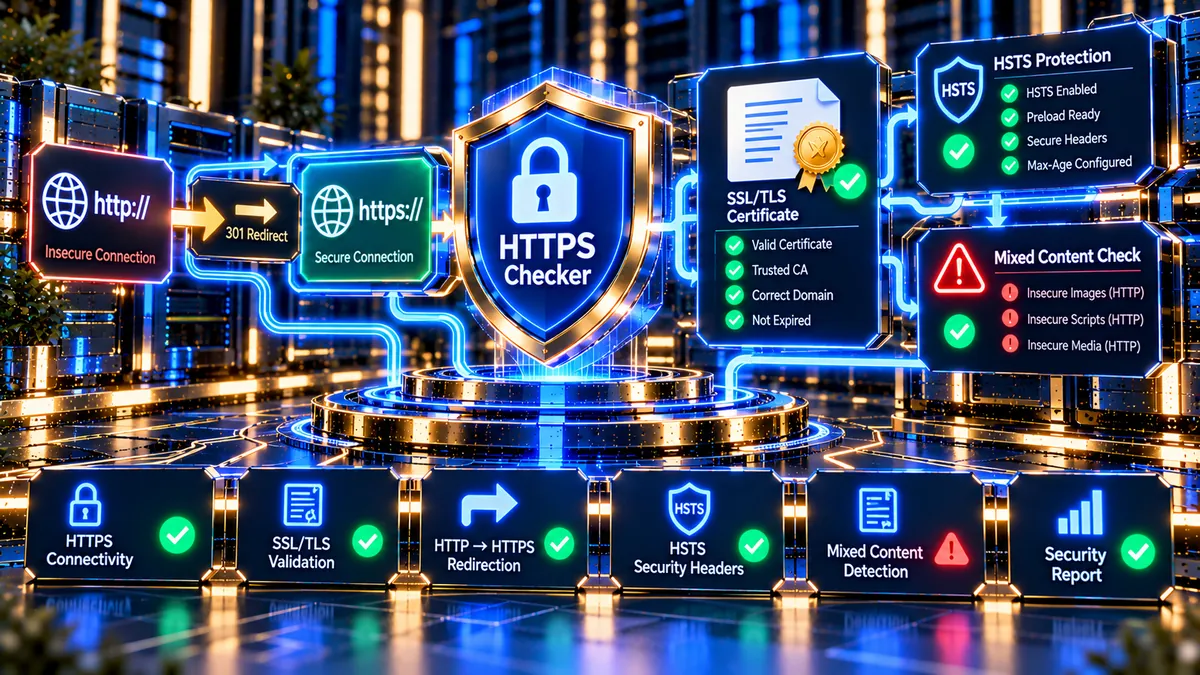 HTTPS Checker analyzing SSL certificate HSTS HTTPS redirects and mixed content