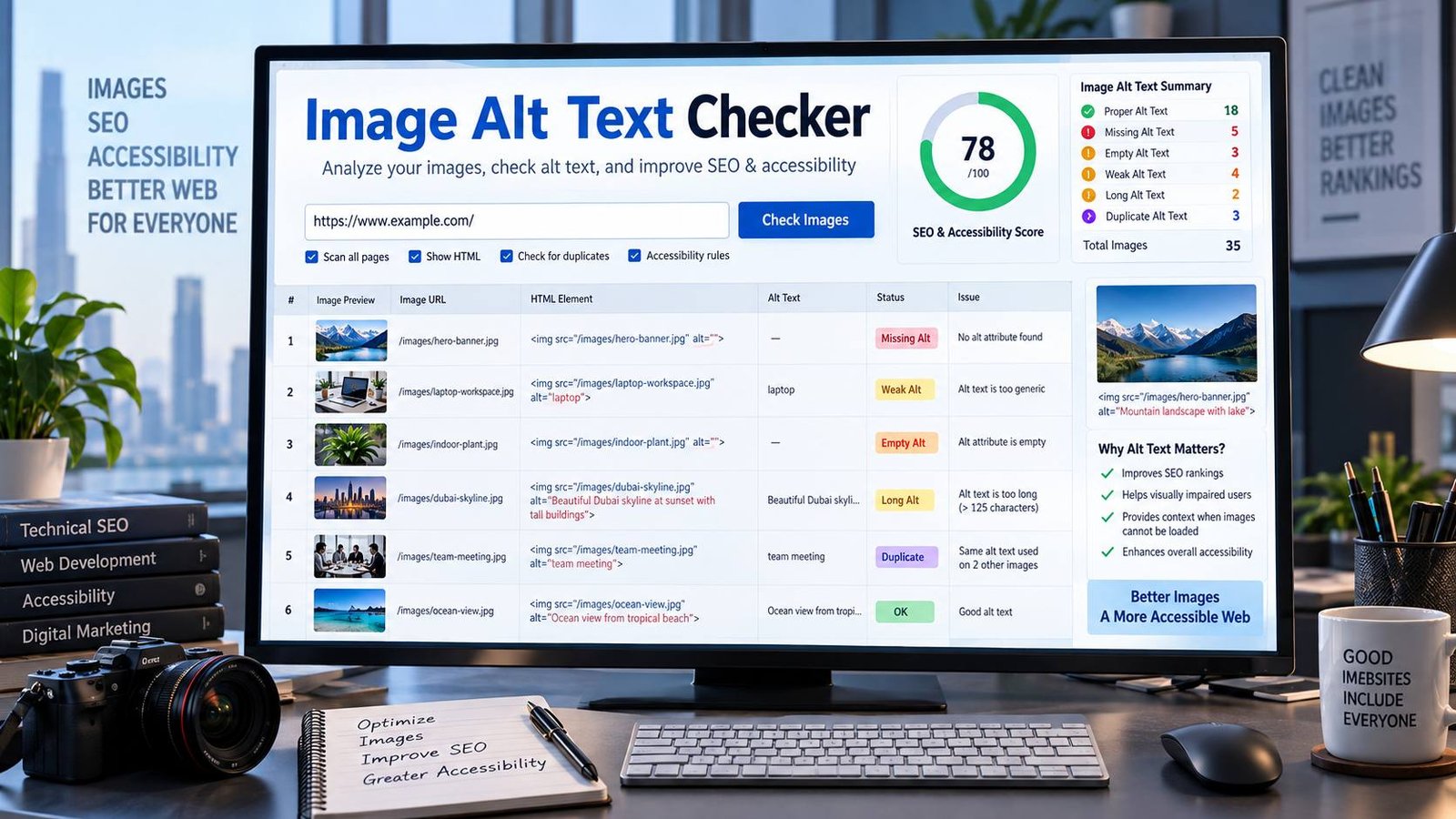 Image Alt Text Checker analyzing missing and weak image alt text