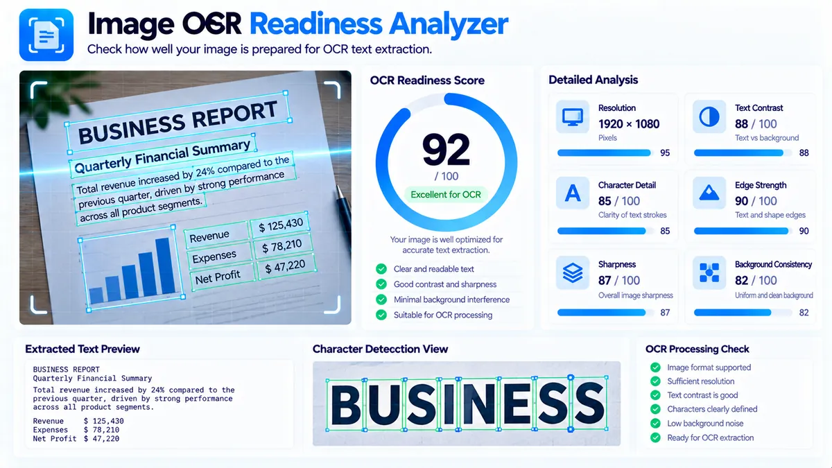Image OCR Readiness Analyzer checking text contrast character detail sharpness and OCR readiness