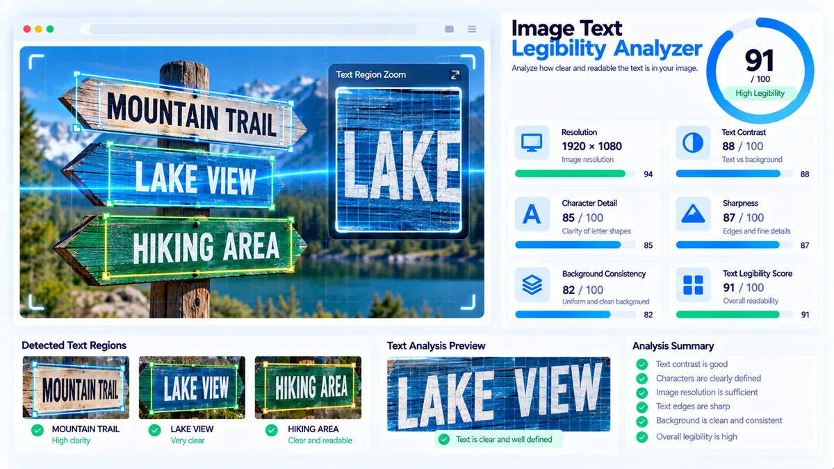 Image Text Legibility Analyzer checking embedded text contrast, detail, sharpness, and resolution