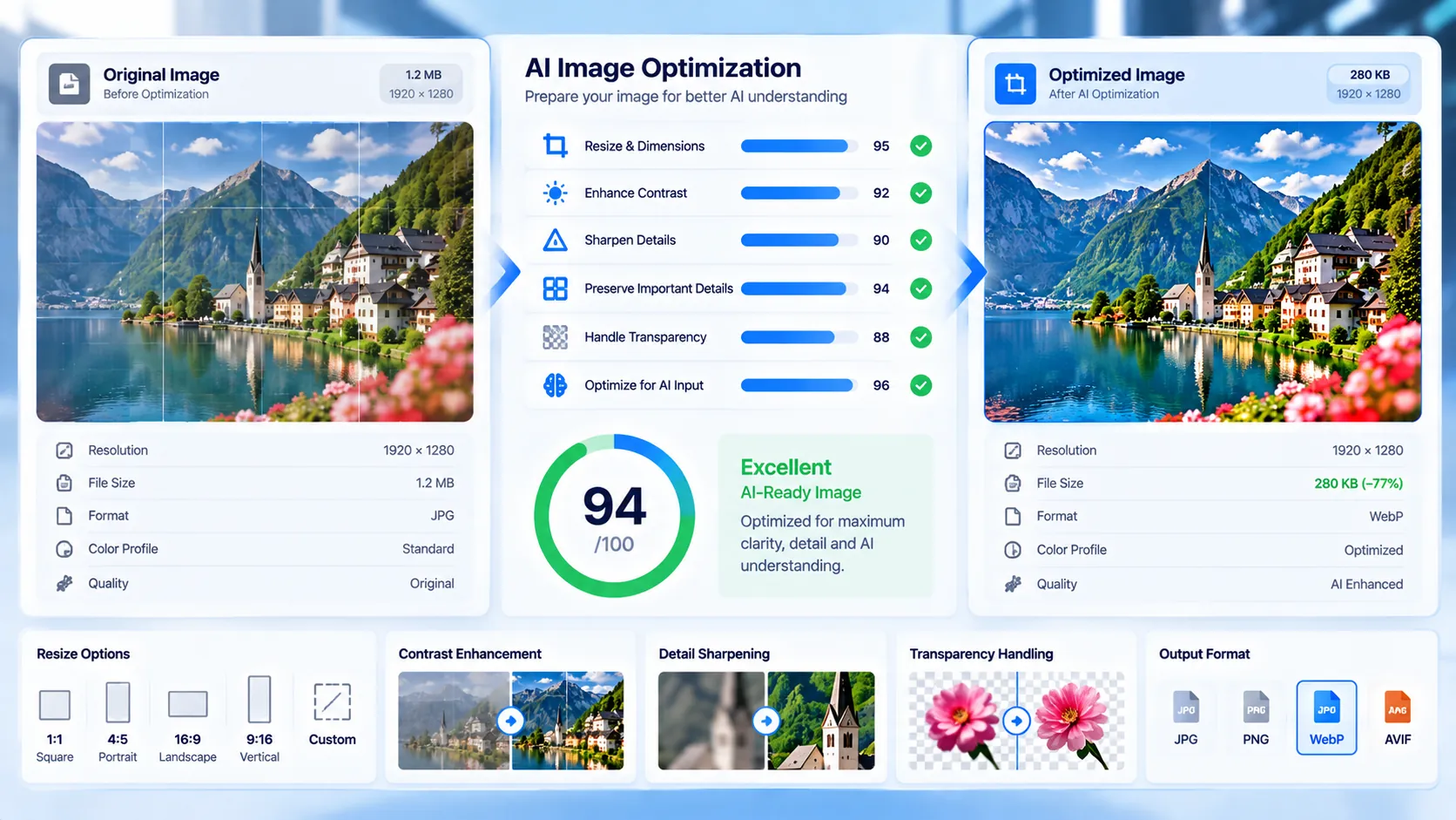 Image-to-AI Input Optimizer preparing an image with resizing, contrast, sharpening, and format optimization