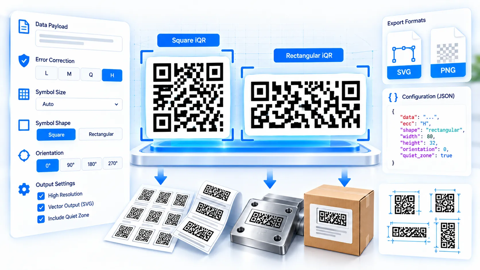 iQR Code Generator for square and rectangular iQR production specifications
