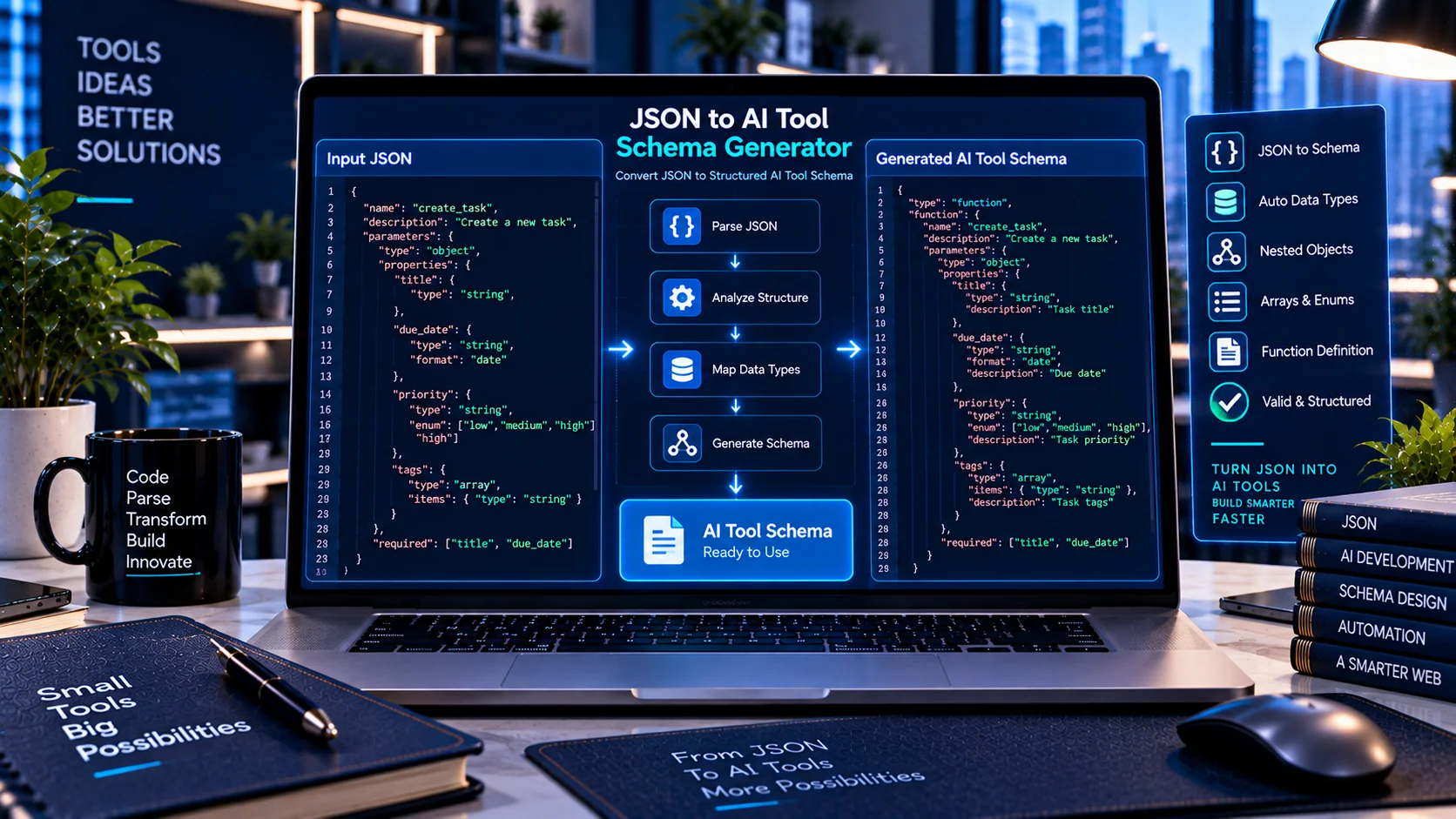 JSON to AI tool schema generator creating structured function schemas