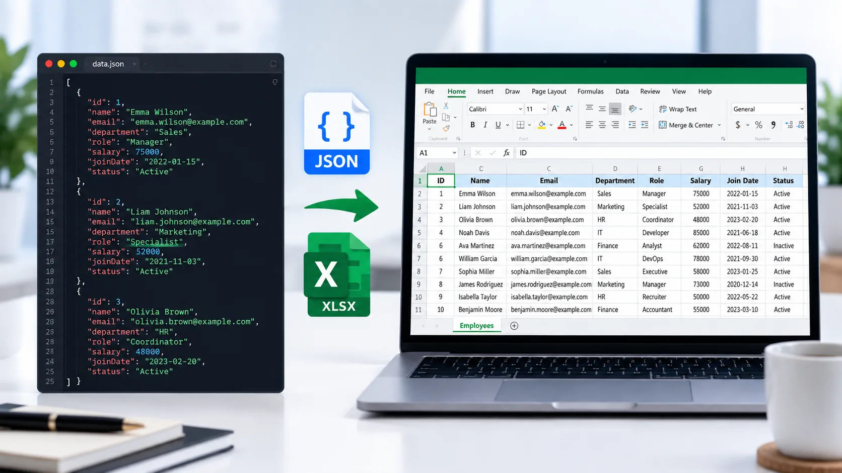 JSON to Excel Converter for converting structured JSON data into XLSX spreadsheets