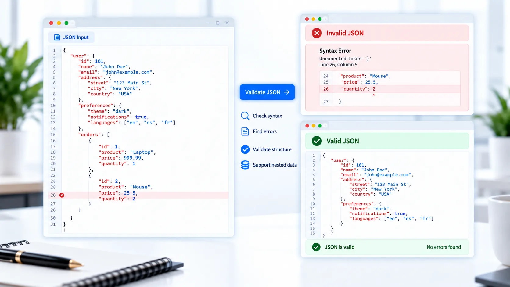 JSON validator online tool checking JSON syntax errors