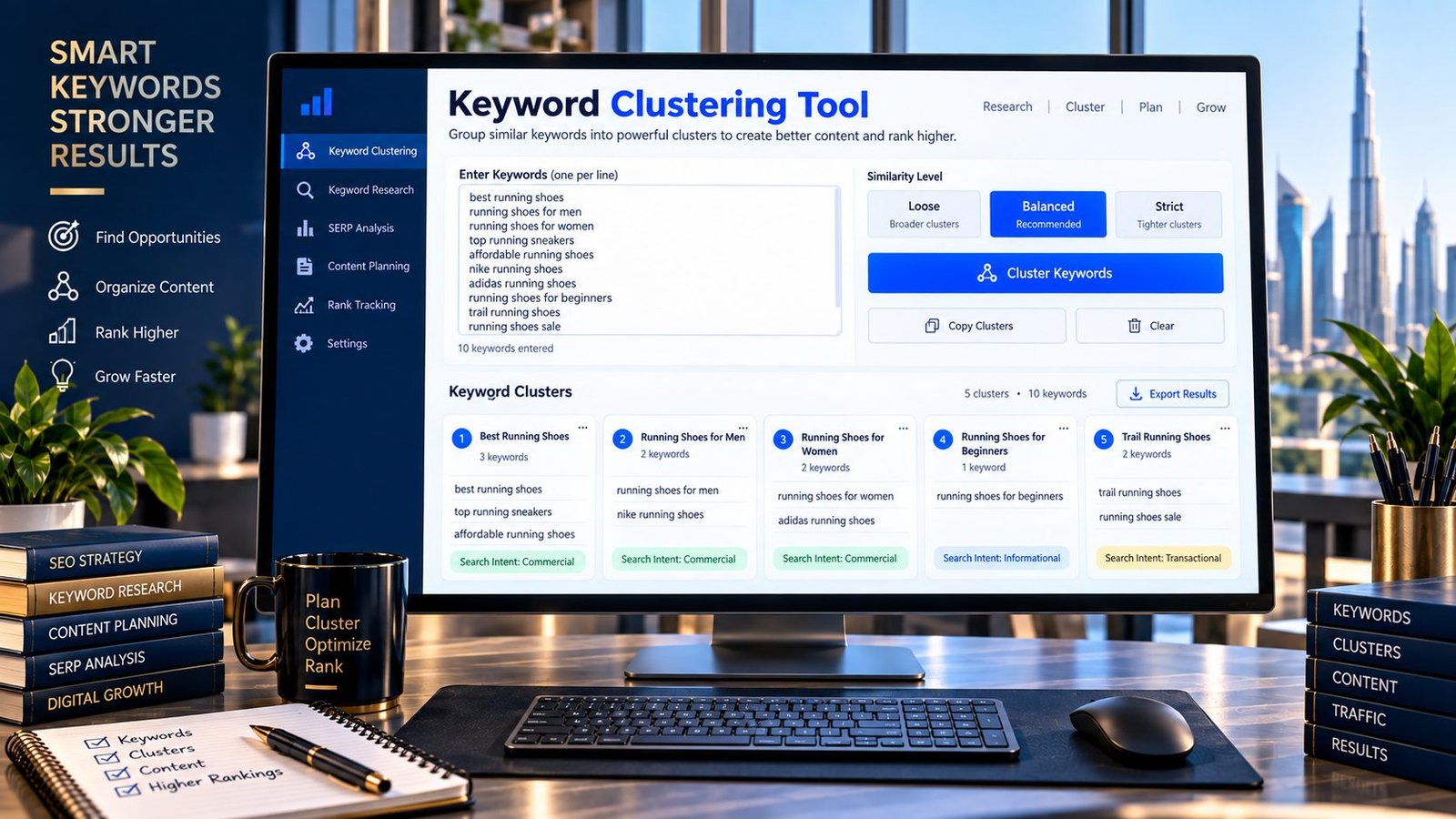 Keyword Clustering Tool grouping related SEO keywords into topic clusters
