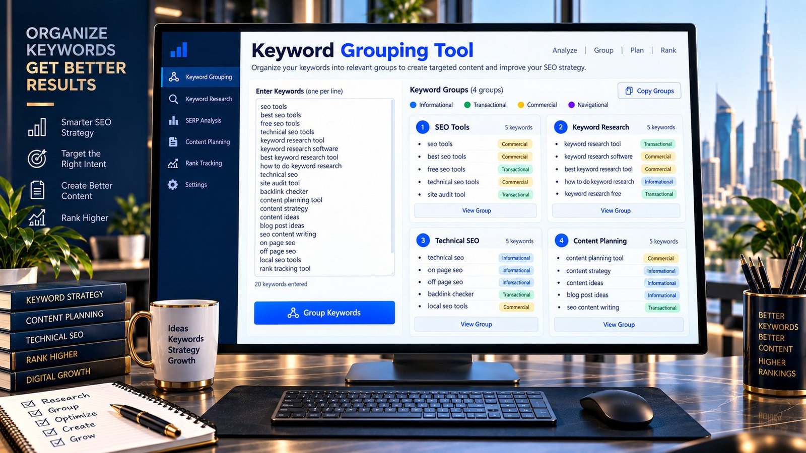 Keyword Grouping Tool organizing SEO keywords by topic and search intent