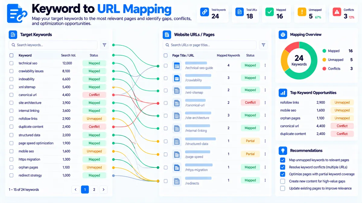 Keyword-to-URL mapping tool showing keyword and website URL relationships