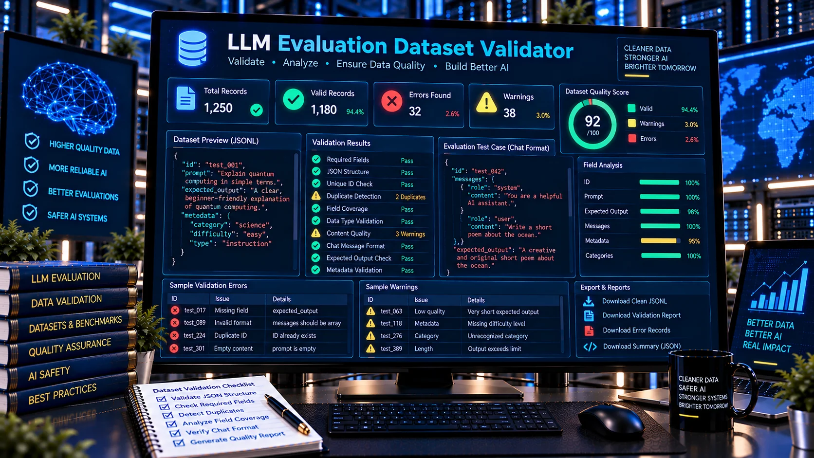 LLM Evaluation Dataset Validator checking JSON and JSONL evaluation records