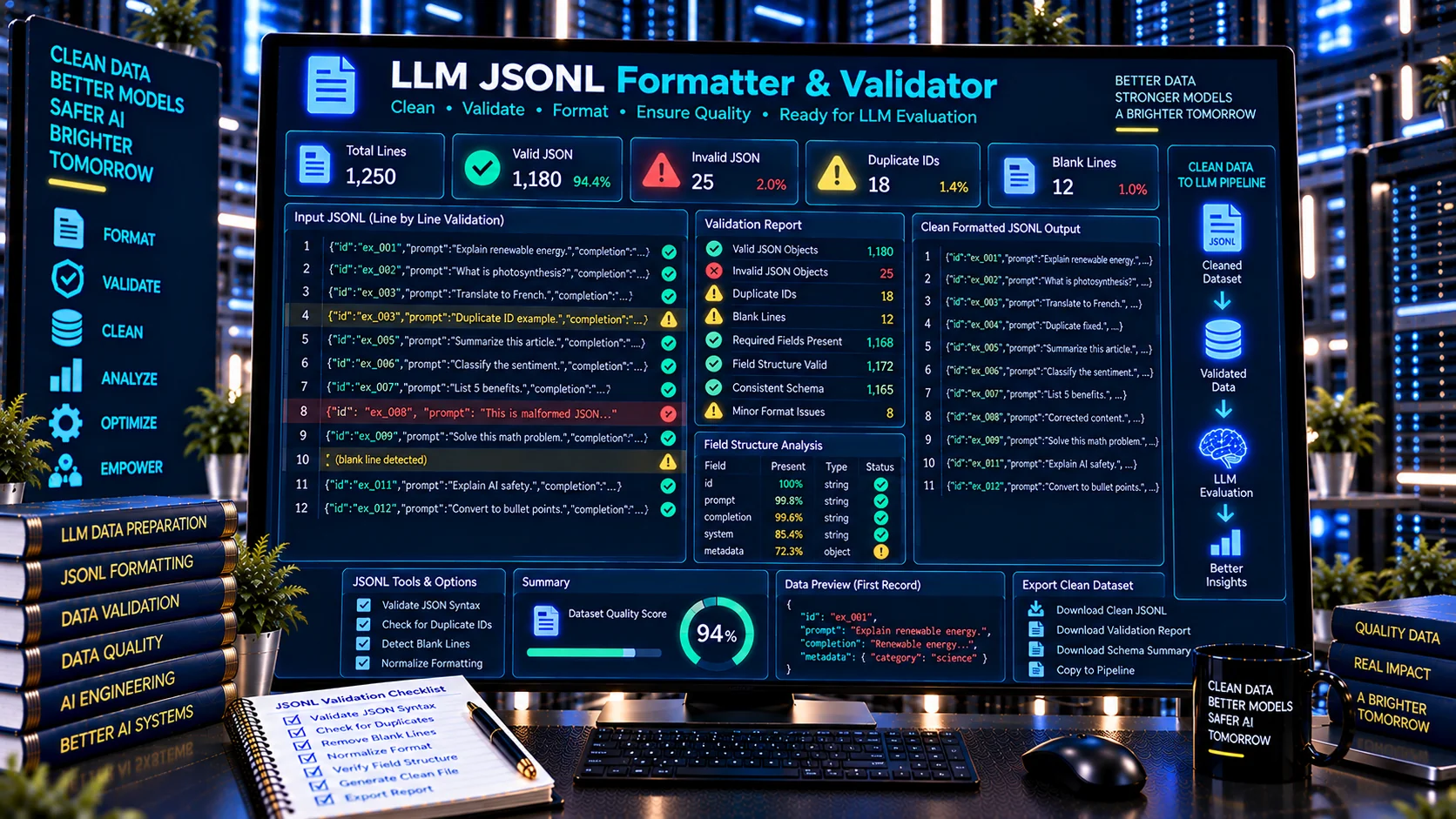 LLM JSONL Formatter and Validator checking JSONL records line by line