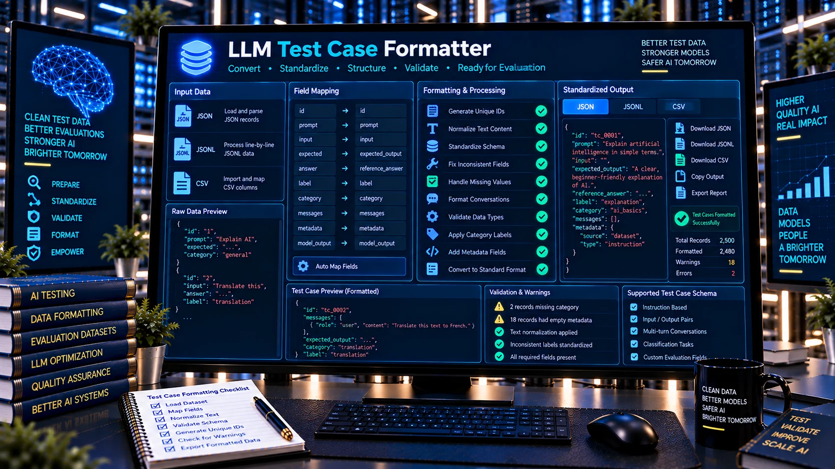 LLM Test Case Formatter standardizing JSON JSONL and CSV AI test cases