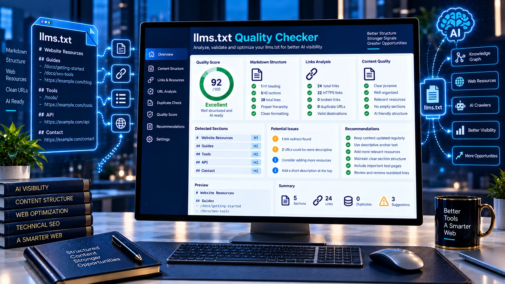 llms.txt Quality Checker analyzing file structure, links, sections and quality signals