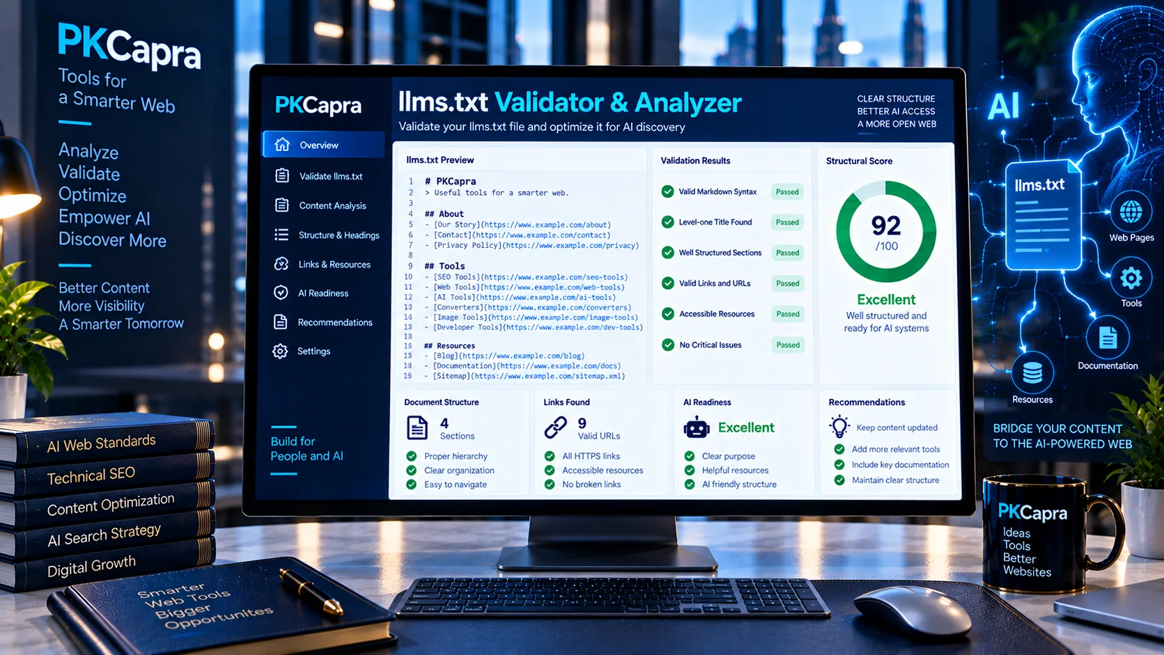 llms.txt Validator and Analyzer checking Markdown structure, headings, links and file organization