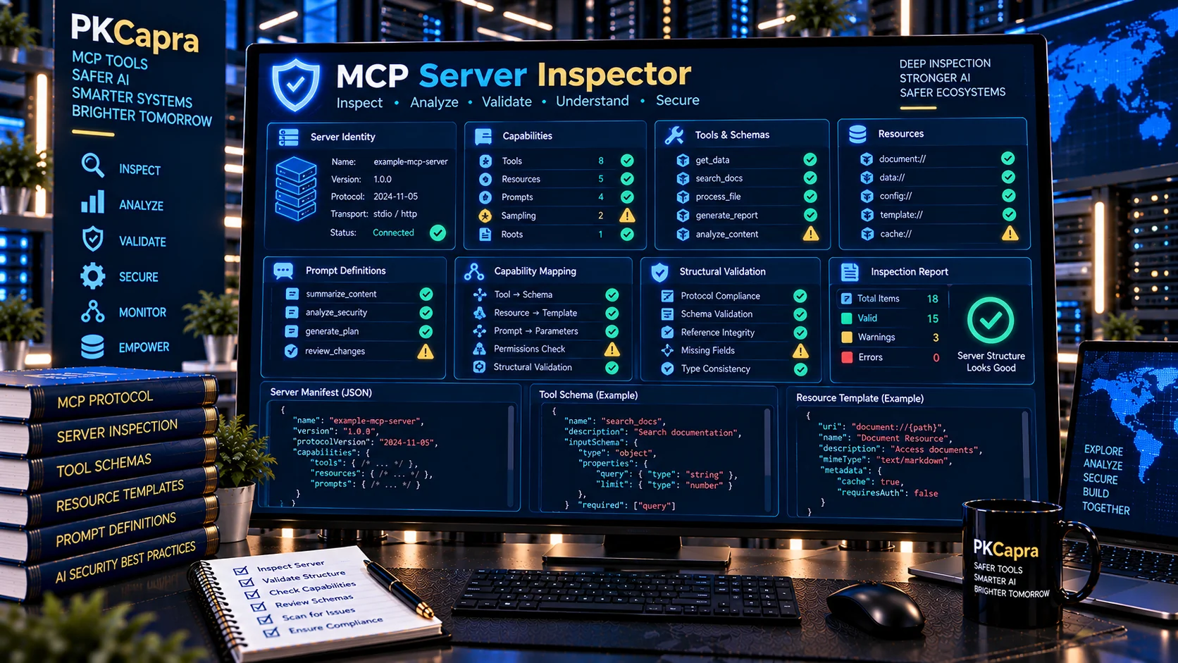 MCP Server Inspector analyzing server capabilities, tools, resources, and prompts