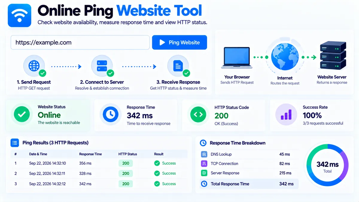 Online ping website tool showing HTTP status and website response time