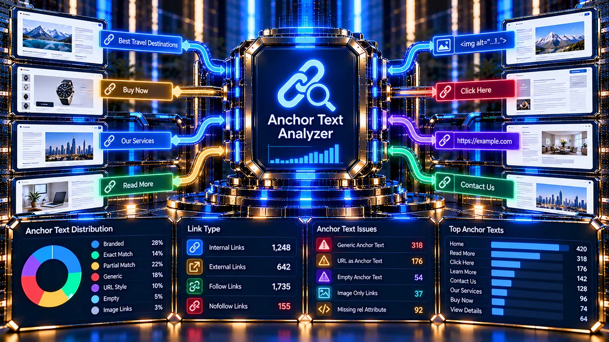 Anchor Text Analyzer examining internal and external links, anchor text patterns and link attributes