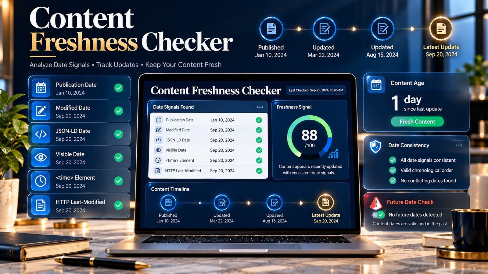 Content Freshness Checker analyzing publication modification dates and webpage freshness signals