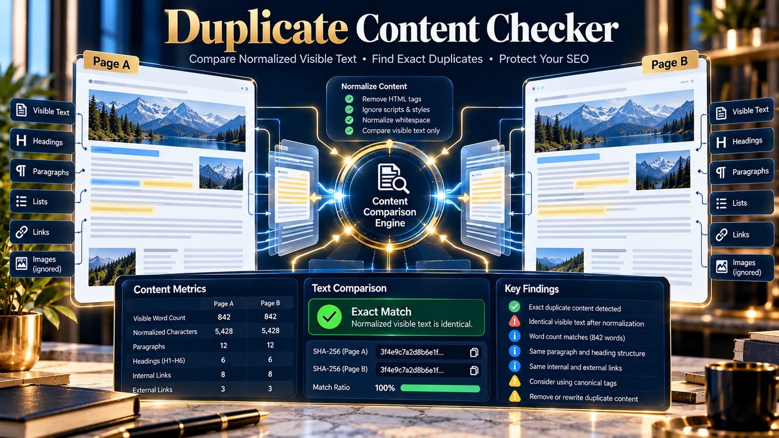 Duplicate Content Checker comparing two webpage content sources for exact duplicate text