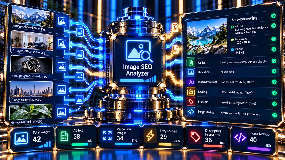 Image SEO Analyzer checking image markup, alt text, dimensions, responsive signals and loading behavior