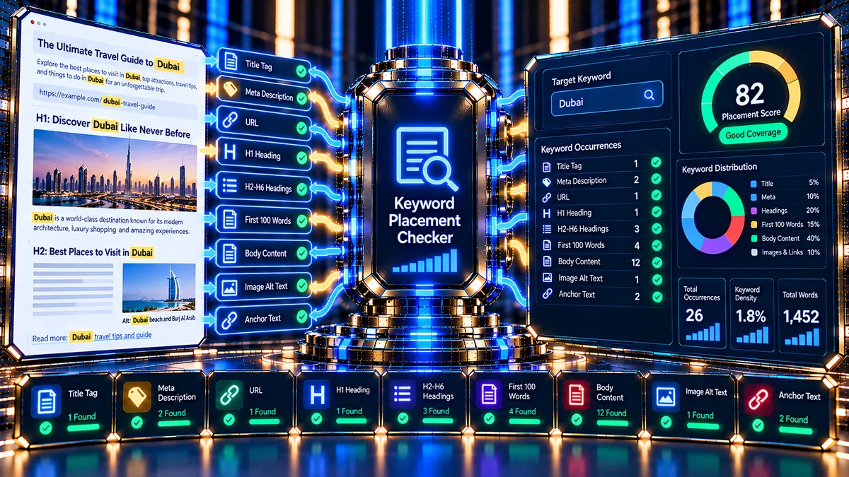 Keyword Placement Checker analyzing target keyword locations across webpage titles, headings, content, images and links