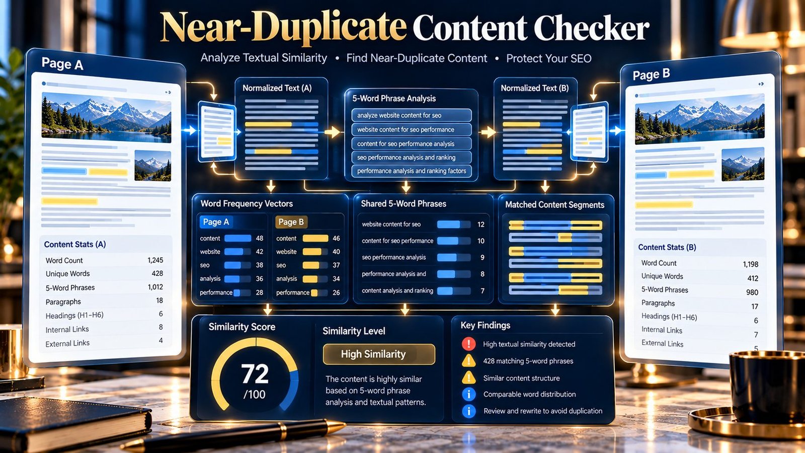 Near-Duplicate Content Checker comparing two webpage sources for textual similarity and shared phrases