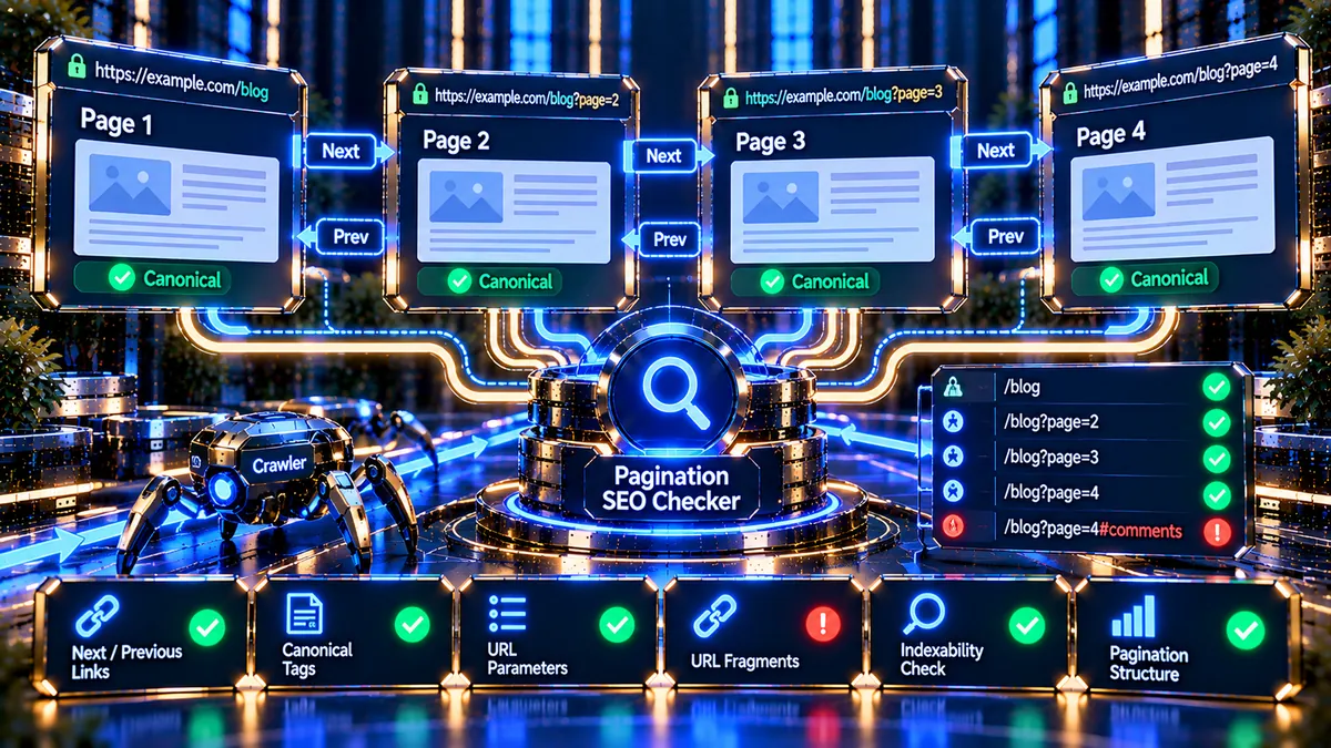 Pagination SEO Checker analyzing pagination URLs crawlable links canonicals and indexability signals