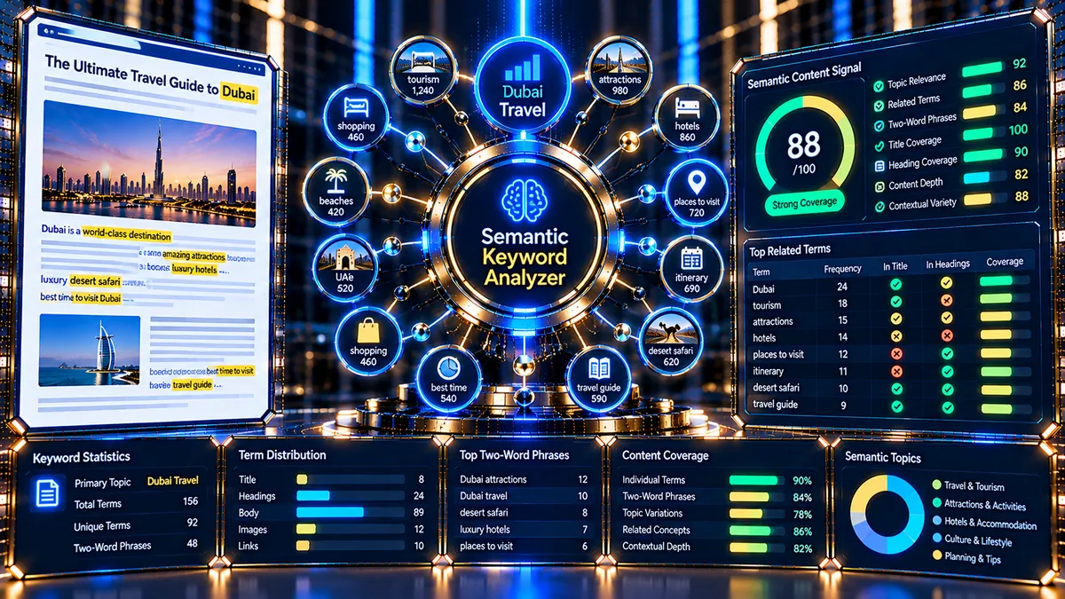 Semantic Keyword Analyzer analyzing related terms and recurring phrases across webpage content
