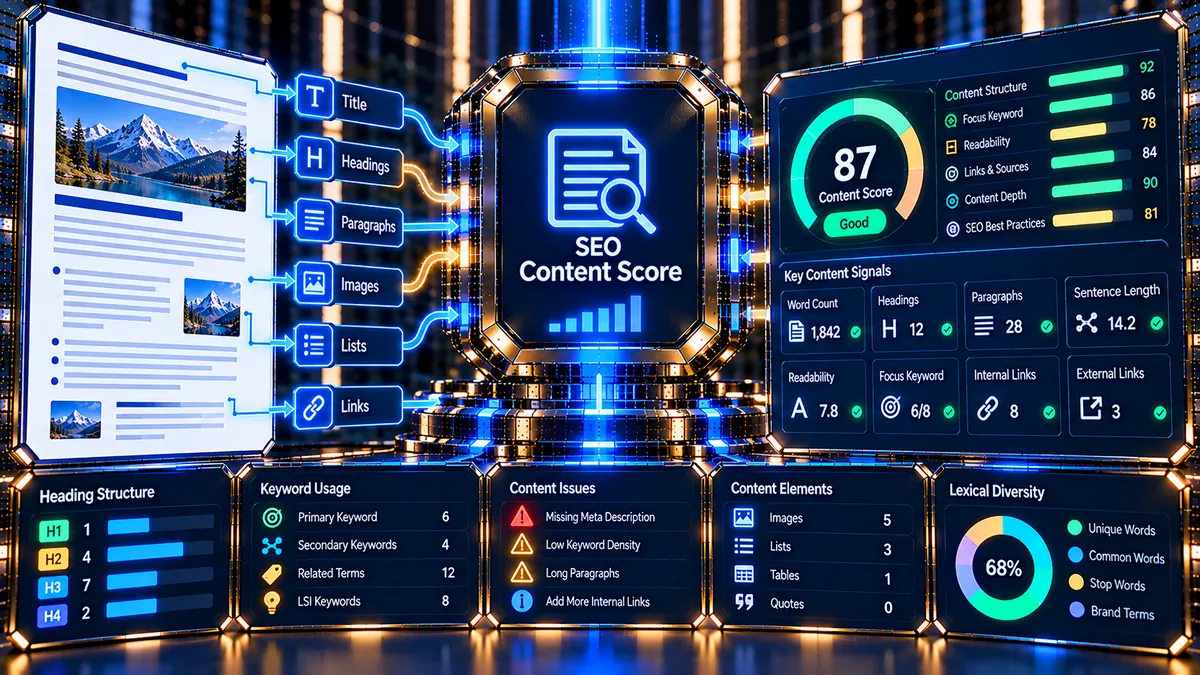 SEO Content Score analyzing webpage content structure, readability, keywords and on-page SEO signals