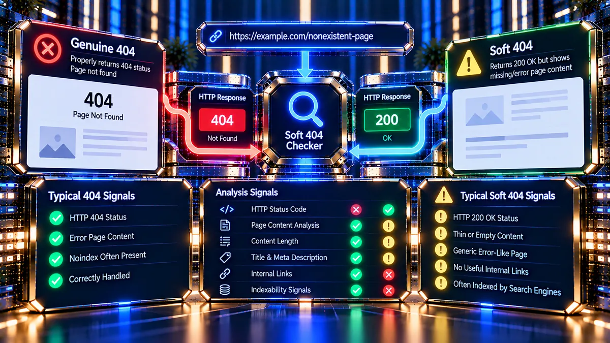 Soft 404 Checker analyzing HTTP status error signals redirects and missing URL similarity